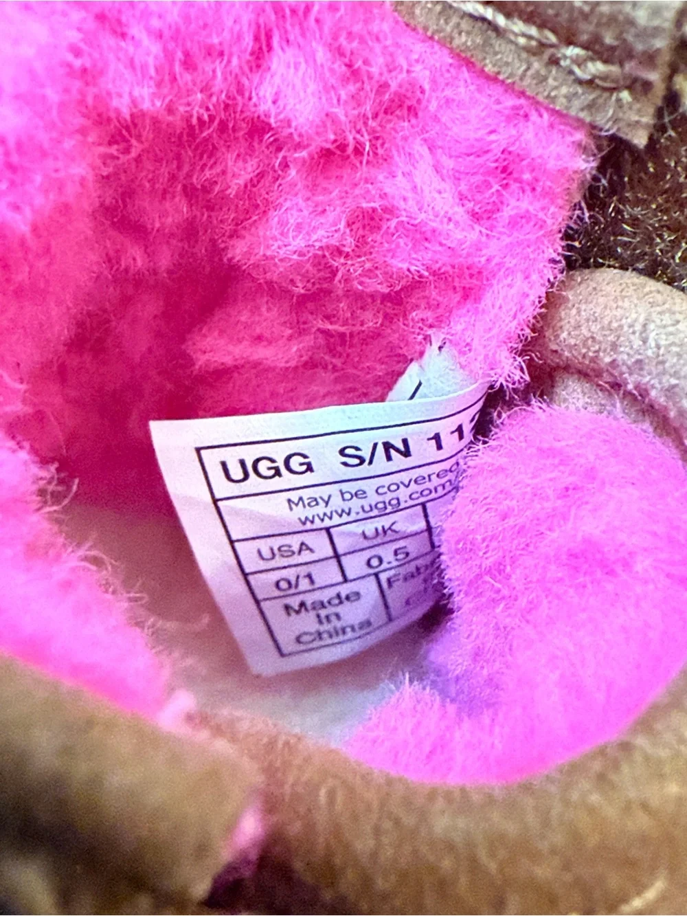 UGG Baby Booties Leather Suede Velcro Side Closure Brown Hot Pink Like new US0/1